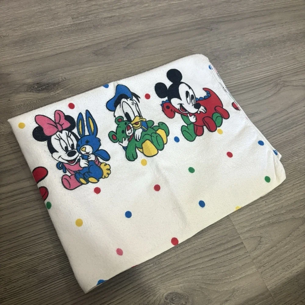 Vtg Disney Baby Receiving Blanket Mickey Minnie Donald Pluto Flannel Polka Dots